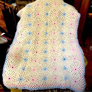 Hand crocheted baby blanket…32x45 …white with baby blue & pink…$25